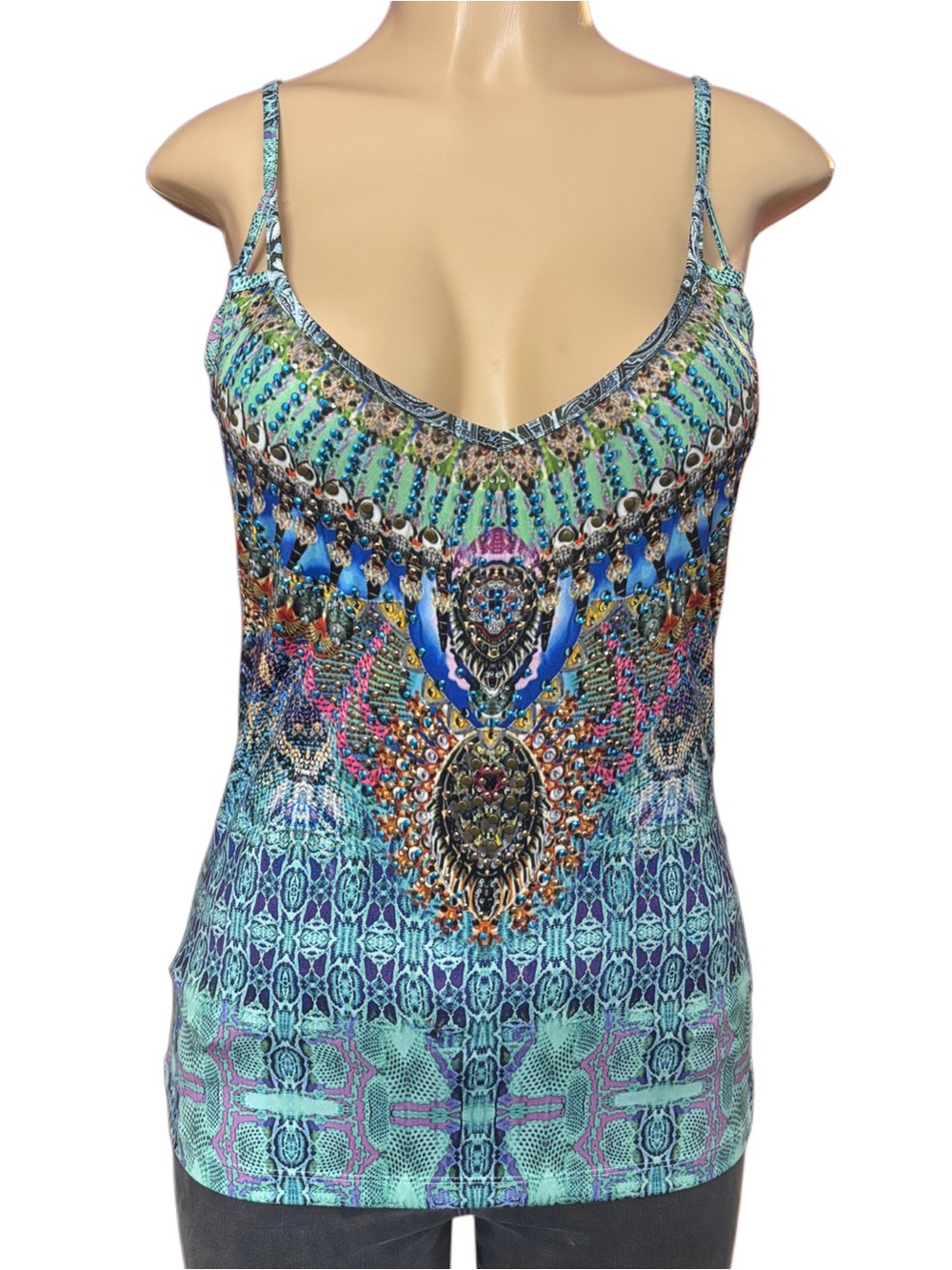 Venus multicolored beaded tank top with crossed design on back- Size Medium